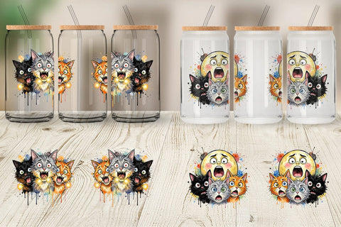 Glass Can Summer Night Panic Cats Watercolor Sublimation artnoy 
