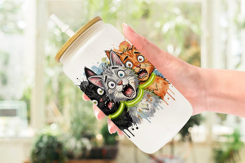 Glass Can Summer Night Panic Cats Watercolor Sublimation artnoy 