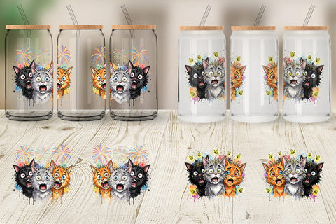 Glass Can Summer Night Panic Cats Watercolor Sublimation artnoy 
