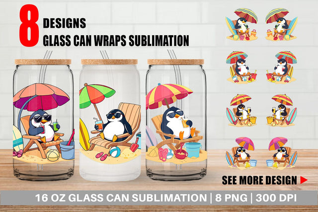 Glass Can Summer Penguin Sublimation artnoy 