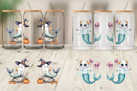 Glass Can Summerween Ghost Mermaids Sublimation artnoy 