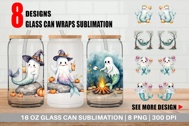 Glass Can Summerween Ghost Mermaids Sublimation artnoy 