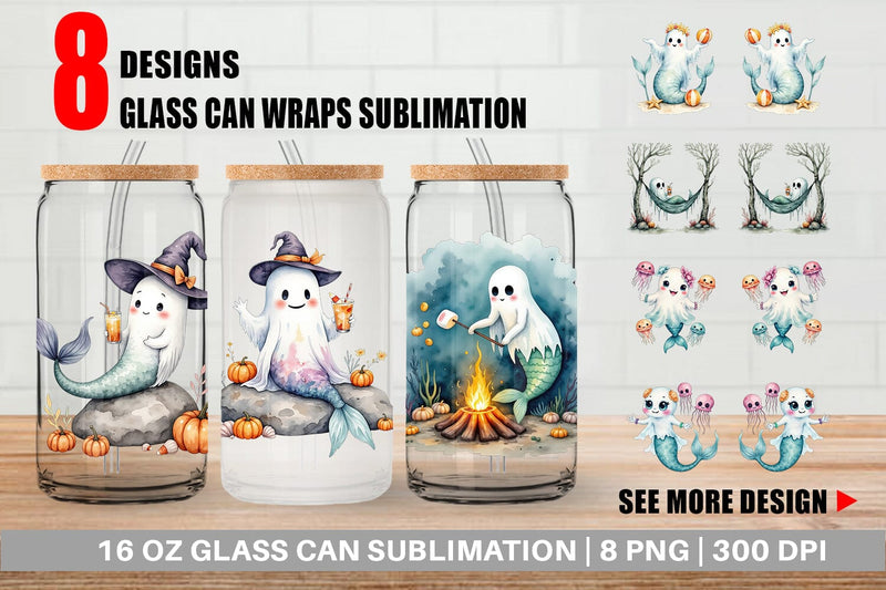 Glass Can Summerween Ghost Mermaids Sublimation artnoy 