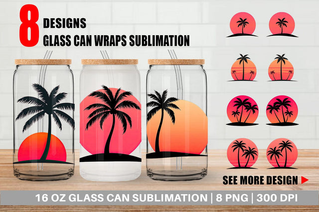 Glass Can Sunset Palm Tree Sublimation artnoy 