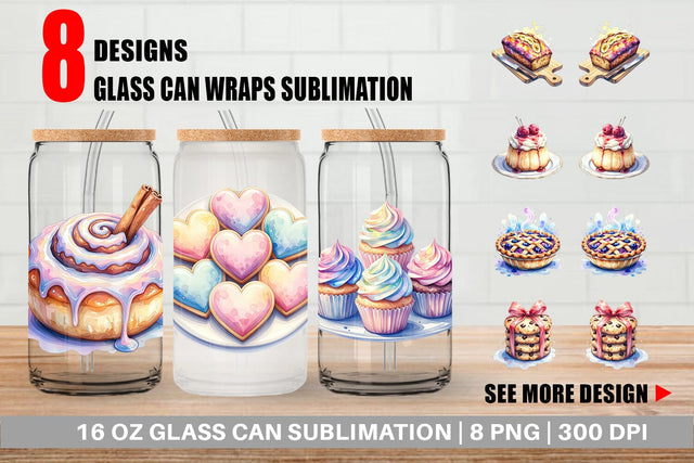 Glass Can Sweet Watercolor Cakes & Pies Sublimation artnoy 