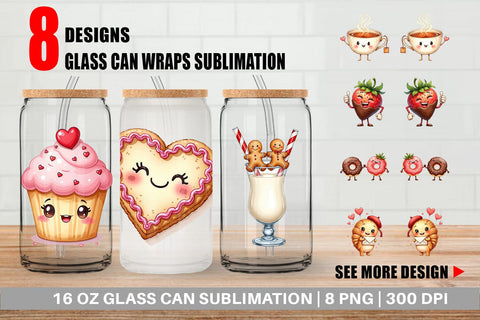 Glass Can Sweetheart Cafe Valentine Watercolor Treats Sublimation artnoy 