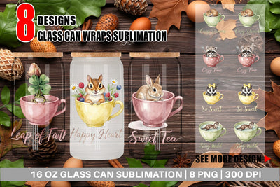 Glass Can Teacup Woodland Creature Watercolor Sublimation artnoy 