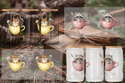Glass Can Teacup Woodland Creature Watercolor Sublimation artnoy 