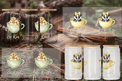 Glass Can Teacup Woodland Creature Watercolor Sublimation artnoy 