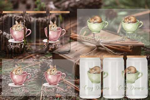 Glass Can Teacup Woodland Creature Watercolor Sublimation artnoy 