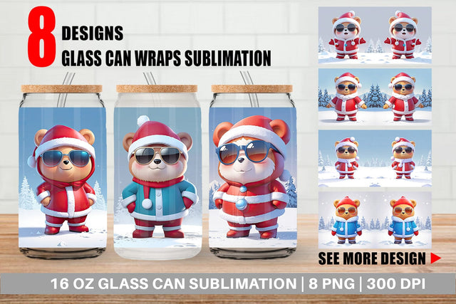 Glass Can Teddy Bear Christmas Sublimation artnoy 