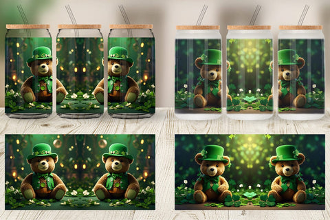 Glass Can Teddy Bear Patrick's Day Sublimation artnoy 