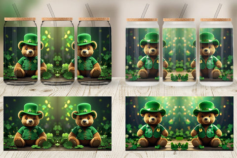 Glass Can Teddy Bear Patrick's Day Sublimation artnoy 