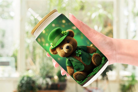 Glass Can Teddy Bear Patrick's Day Sublimation artnoy 