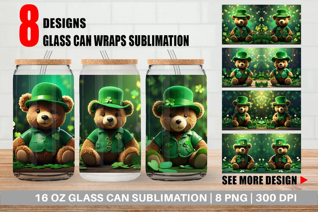 Glass Can Teddy Bear Patrick's Day Sublimation artnoy 