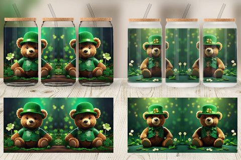 Glass Can Teddy Bear Patrick's Day Sublimation artnoy 