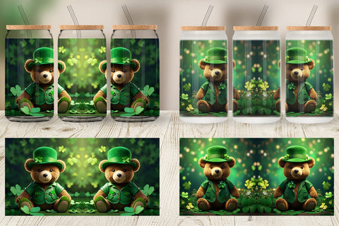 Glass Can Teddy Bear Patrick's Day Sublimation artnoy 