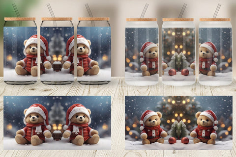 Glass Can Tedy Bear Christmas Sublimation artnoy 