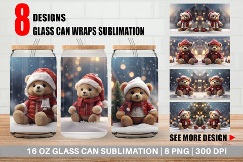 Glass Can Tedy Bear Christmas Sublimation artnoy 