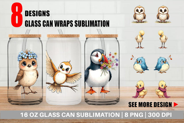 Glass Can The Awkward Aviary Quirky Hand-Drawn Bird Sublimation artnoy 