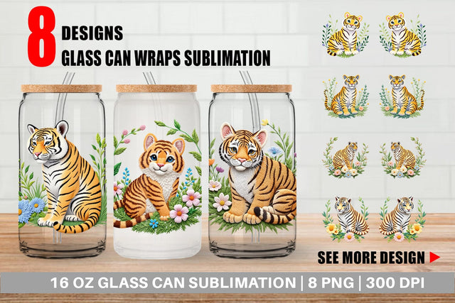 Glass Can Tiger Embroidery Sublimation artnoy 