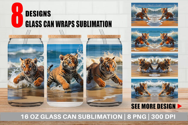 Glass Can Tiger Running on Beach Sublimation artnoy 