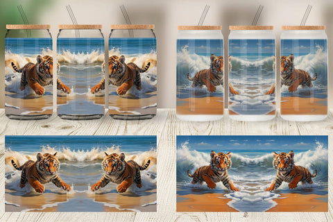 Glass Can Tiger Running on Beach Sublimation artnoy 