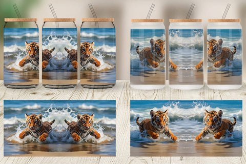 Glass Can Tiger Running on Beach Sublimation artnoy 