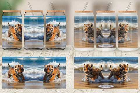 Glass Can Tiger Running on Beach Sublimation artnoy 