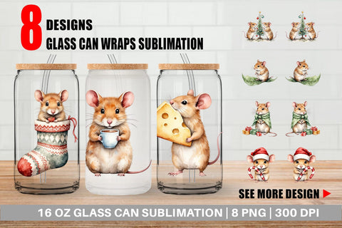 Glass Can Tiny Christmas Mice Sublimation artnoy 