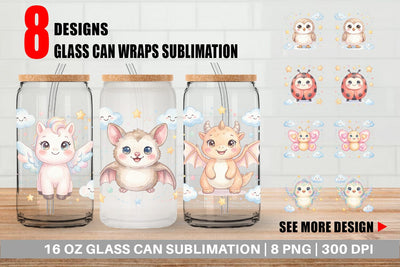 Glass Can Tiny Winged Baby Animal Watercolor Sublimation artnoy 