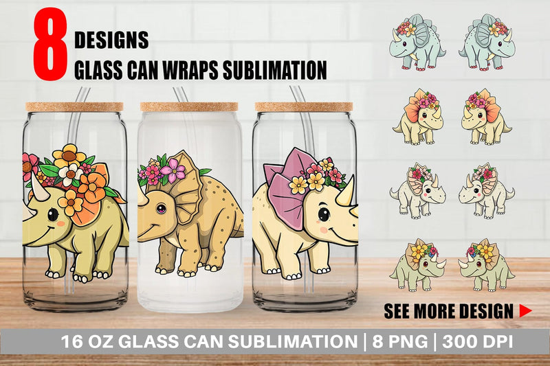 Glass Can Triceratops with Flowers Sublimation artnoy 