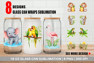 Glass Can Tropical Animals Watercolor Sublimation artnoy 