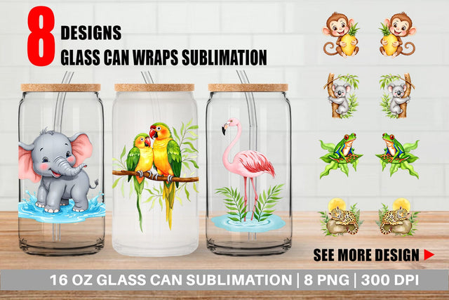 Glass Can Tropical Animals Watercolor Sublimation artnoy 