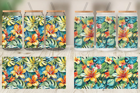 Glass Can Tropical Flowers Pattern Sublimation artnoy 