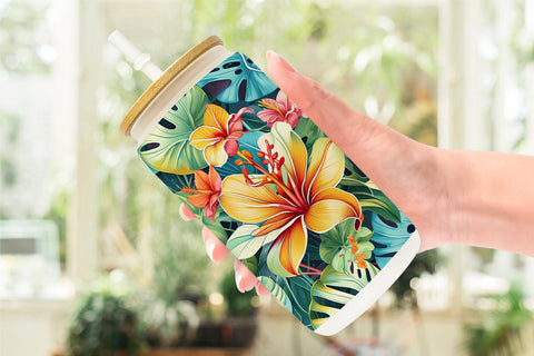 Glass Can Tropical Flowers Pattern Sublimation artnoy 
