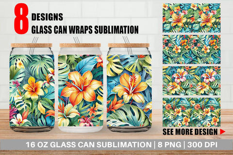 Glass Can Tropical Flowers Pattern Sublimation artnoy 