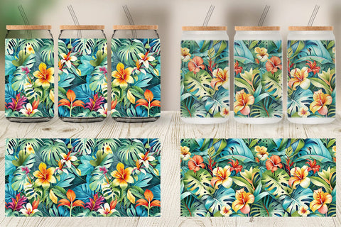Glass Can Tropical Flowers Pattern Sublimation artnoy 