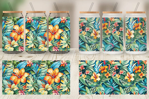 Glass Can Tropical Flowers Pattern Sublimation artnoy 