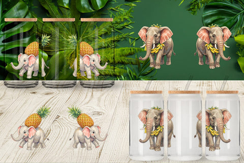 Glass Can Tropical Fruit Elephant Watercolor Sublimation artnoy 