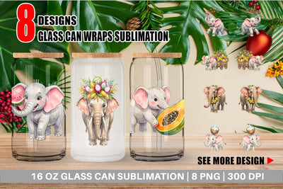 Glass Can Tropical Fruit Elephant Watercolor Sublimation artnoy 