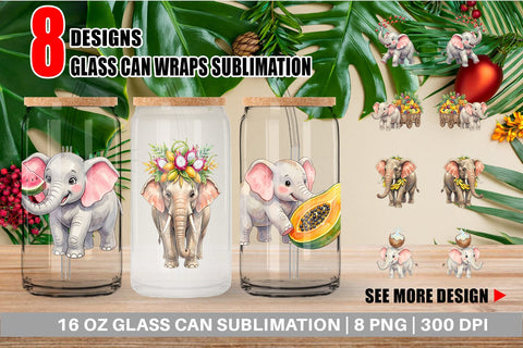 Glass Can Tropical Fruit Elephant Watercolor Sublimation artnoy 