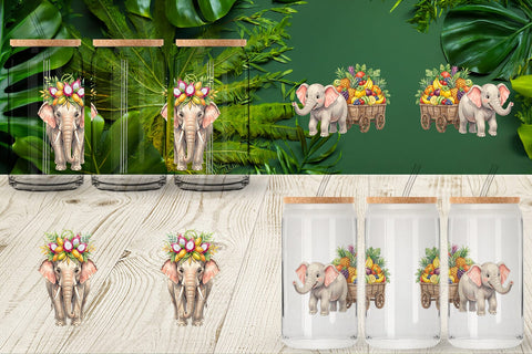 Glass Can Tropical Fruit Elephant Watercolor Sublimation artnoy 