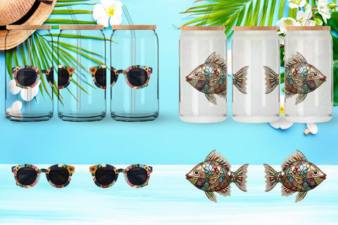 Glass Can Tropical Summer Patchwork Watercolor Sublimation artnoy 