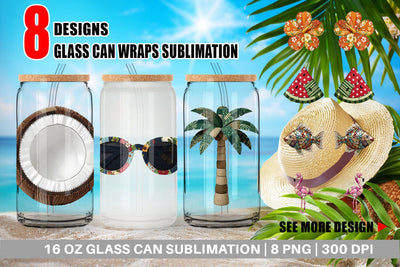 Glass Can Tropical Summer Patchwork Watercolor Sublimation artnoy 
