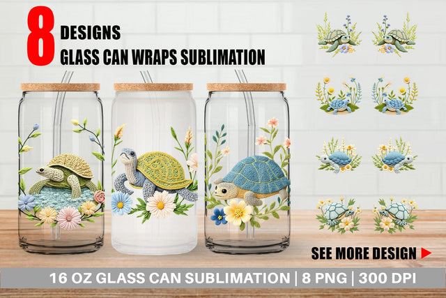 Glass Can Turtle Embroidery Sublimation artnoy 