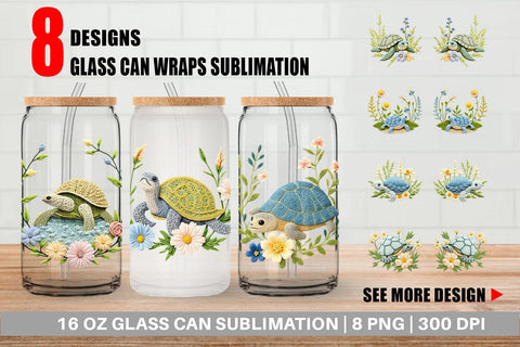 Glass Can Turtle Embroidery Sublimation artnoy 