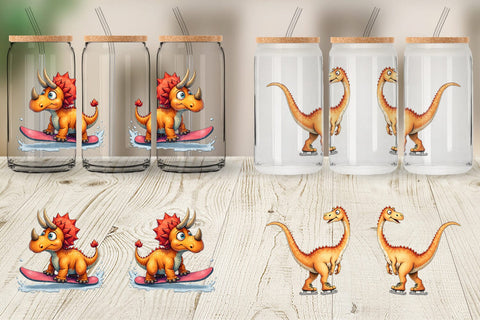 Glass Can UglyCute Dinosaur Winter Sports Watercolor Art Sublimation artnoy 