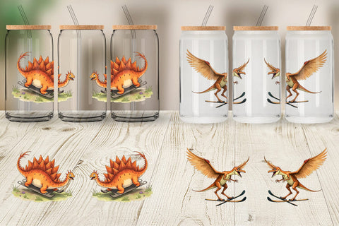 Glass Can UglyCute Dinosaur Winter Sports Watercolor Art Sublimation artnoy 