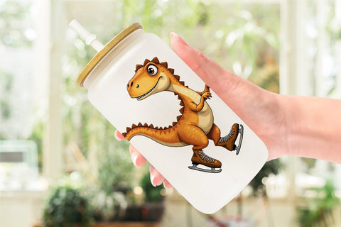 Glass Can UglyCute Dinosaur Winter Sports Watercolor Art Sublimation artnoy 
